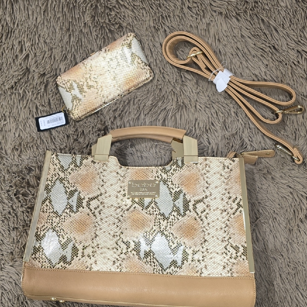 bebe Snake Print Satchel and Wallet Set - Tan and Cream